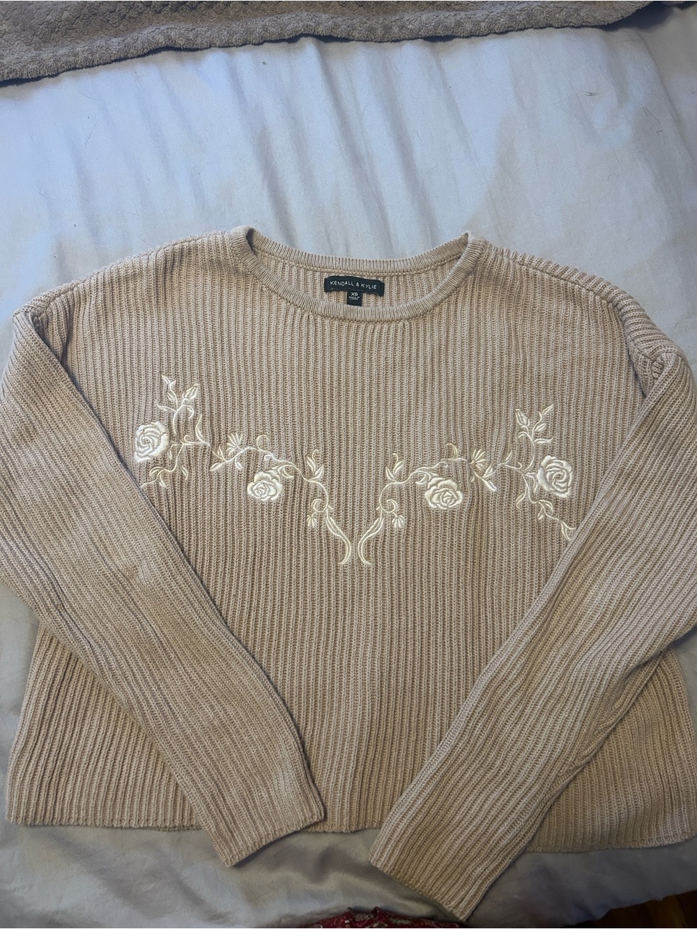 Kendall&Kylie Pacsun Cropped Ribbed Sweater with Embroidered Roses